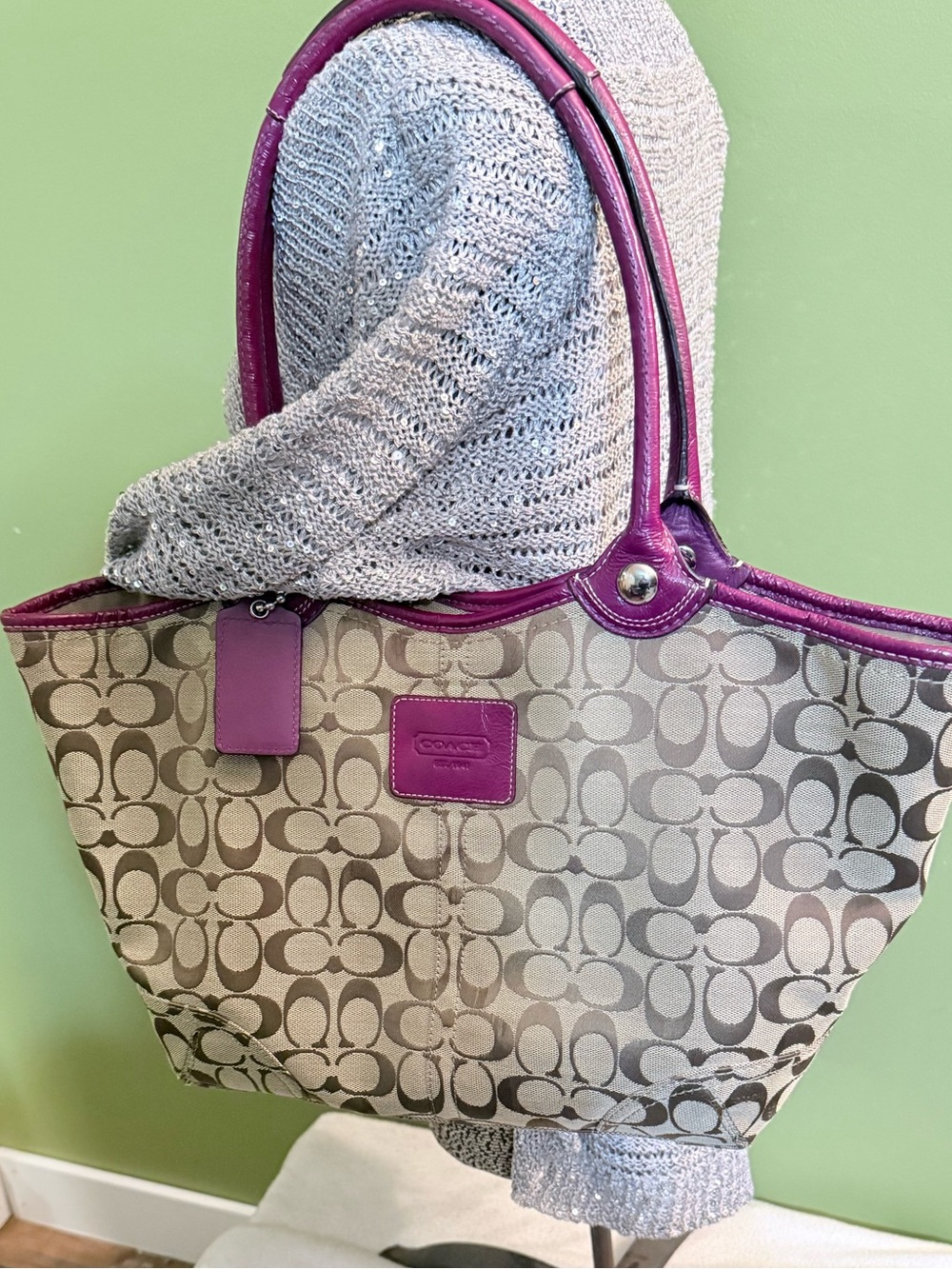 Coach Tan Bleeker Signature Canvas Tote w/plum trim